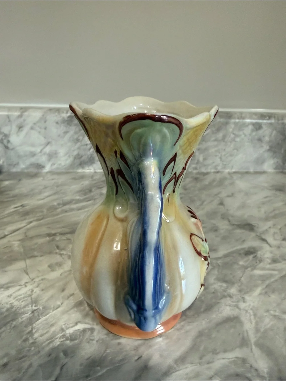 Vintage Made in Brazil Majolica Style Floral Ceramic Vase Blue Handles 5”